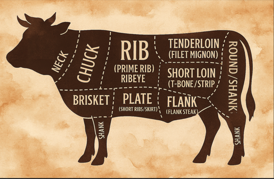 silhouette of cow with cuts of meat